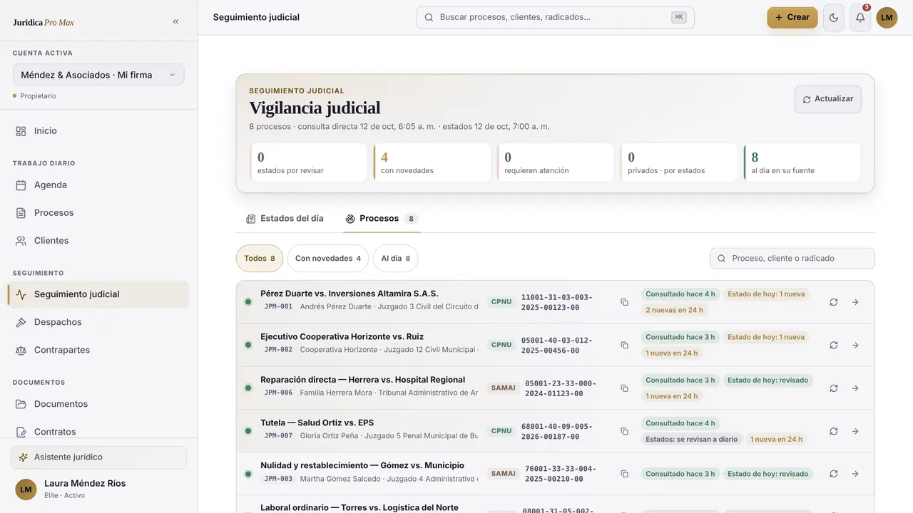 Vigilancia judicial: actuaciones nuevas de los procesos (datos de ejemplo)